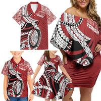Mate Ma'a Tonga Rugby Custom Kupesi Motifs Family Matching Off Shoulder Short Dress and Hawaiian Shirt Red Waves LT7 - Polynesian Pride