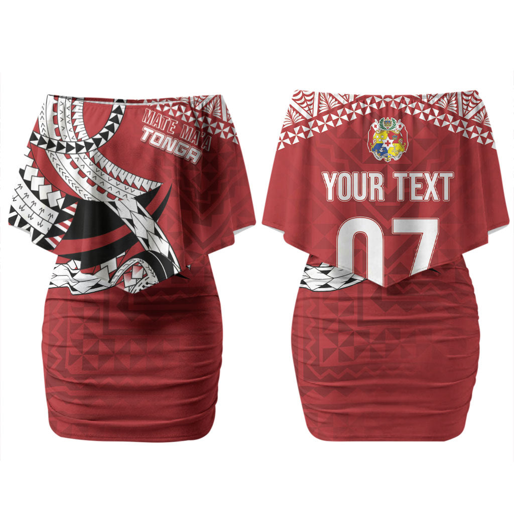 Mate Ma'a Tonga Rugby Custom Kupesi Motifs Family Matching Off Shoulder Short Dress and Hawaiian Shirt Red Waves LT7 Mom's Dress Red - Polynesian Pride
