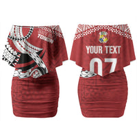Mate Ma'a Tonga Rugby Custom Kupesi Motifs Family Matching Off Shoulder Short Dress and Hawaiian Shirt Red Waves LT7 Mom's Dress Red - Polynesian Pride