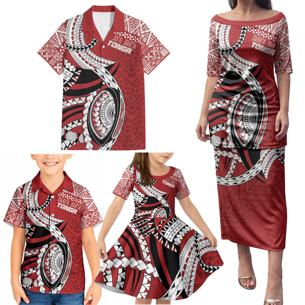 Mate Ma'a Tonga Rugby Custom Kupesi Motifs Family Matching Puletasi and Hawaiian Shirt Red Waves LT7 - Polynesian Pride