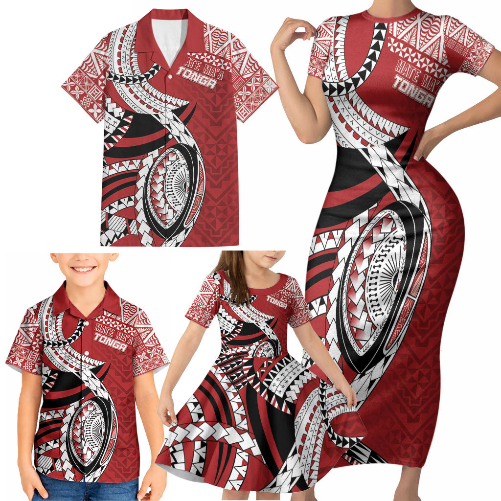 Mate Ma'a Tonga Rugby Custom Kupesi Motifs Family Matching Short Sleeve Bodycon Dress and Hawaiian Shirt Red Waves LT7 - Polynesian Pride
