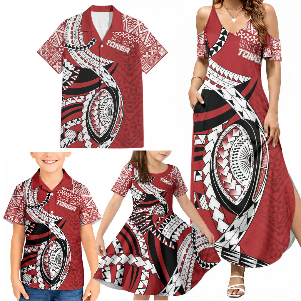 Mate Ma'a Tonga Rugby Custom Kupesi Motifs Family Matching Summer Maxi Dress and Hawaiian Shirt Red Waves LT7 - Polynesian Pride
