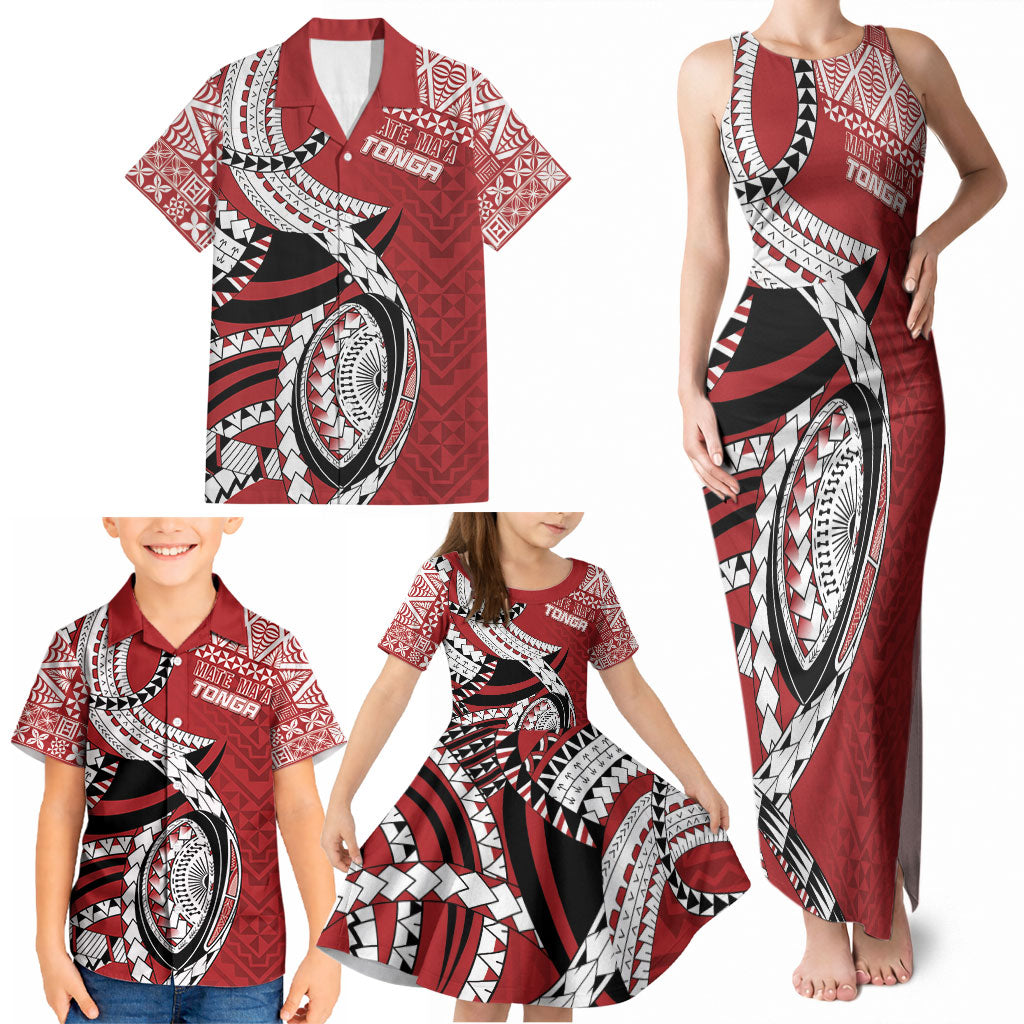 Mate Ma'a Tonga Rugby Custom Kupesi Motifs Family Matching Tank Maxi Dress and Hawaiian Shirt Red Waves LT7 - Polynesian Pride