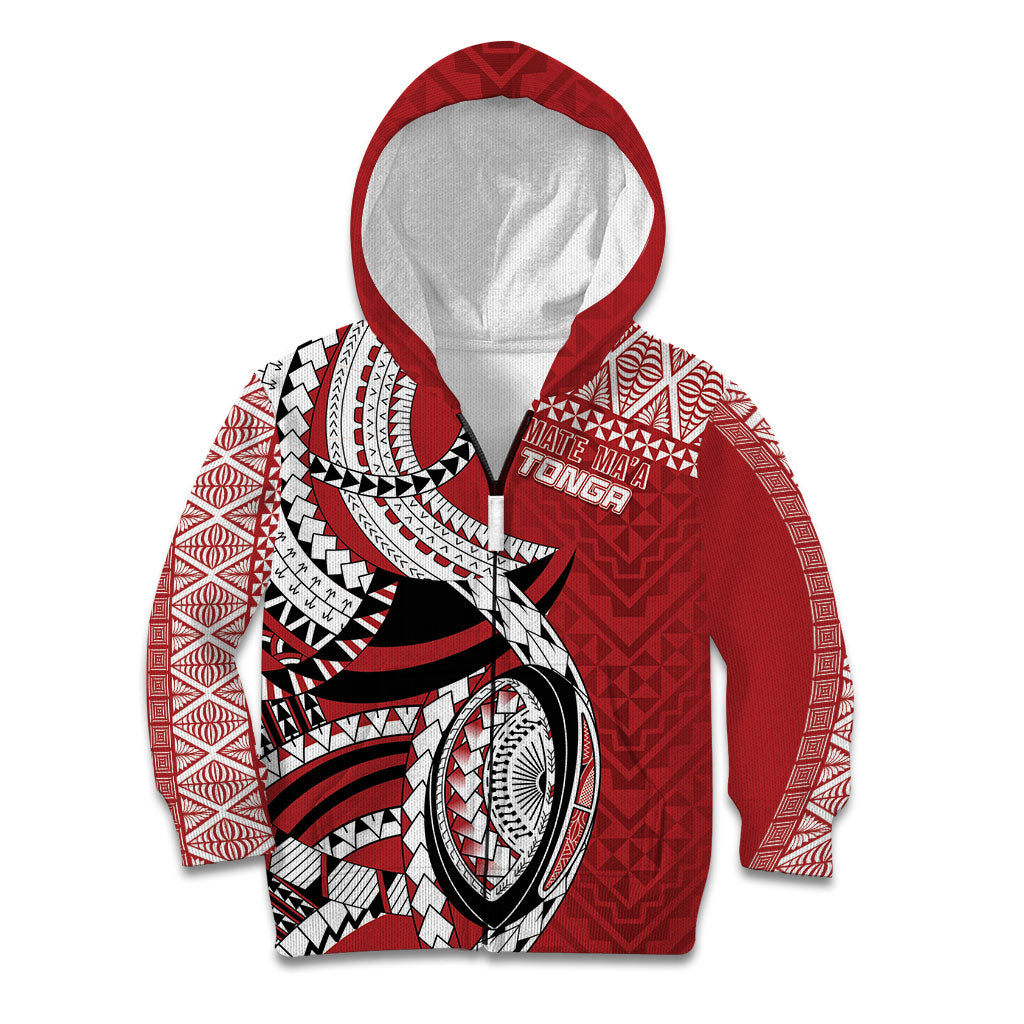 Mate Ma'a Tonga Rugby Custom Kupesi Motifs Kid Hoodie Red Waves LT7 Zip Hoodie Red - Polynesian Pride