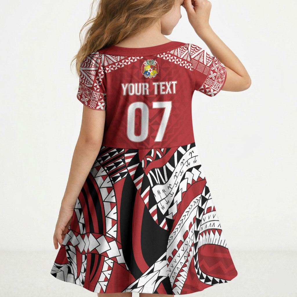 Mate Ma'a Tonga Rugby Custom Kupesi Motifs Kid Short Sleeve Dress Red Waves LT7 - Polynesian Pride