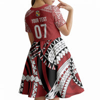 Mate Ma'a Tonga Rugby Custom Kupesi Motifs Kid Short Sleeve Dress Red Waves LT7 - Polynesian Pride