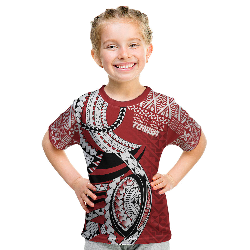 Mate Ma'a Tonga Rugby Custom Kupesi Motifs Kid T Shirt Red Waves