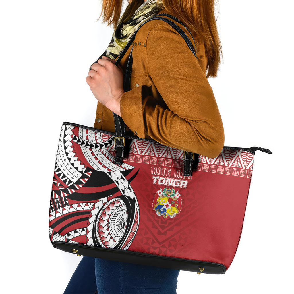 Mate Ma'a Tonga Rugby Kupesi Motifs Leather Tote Bag Red Waves LT7 Red - Polynesian Pride