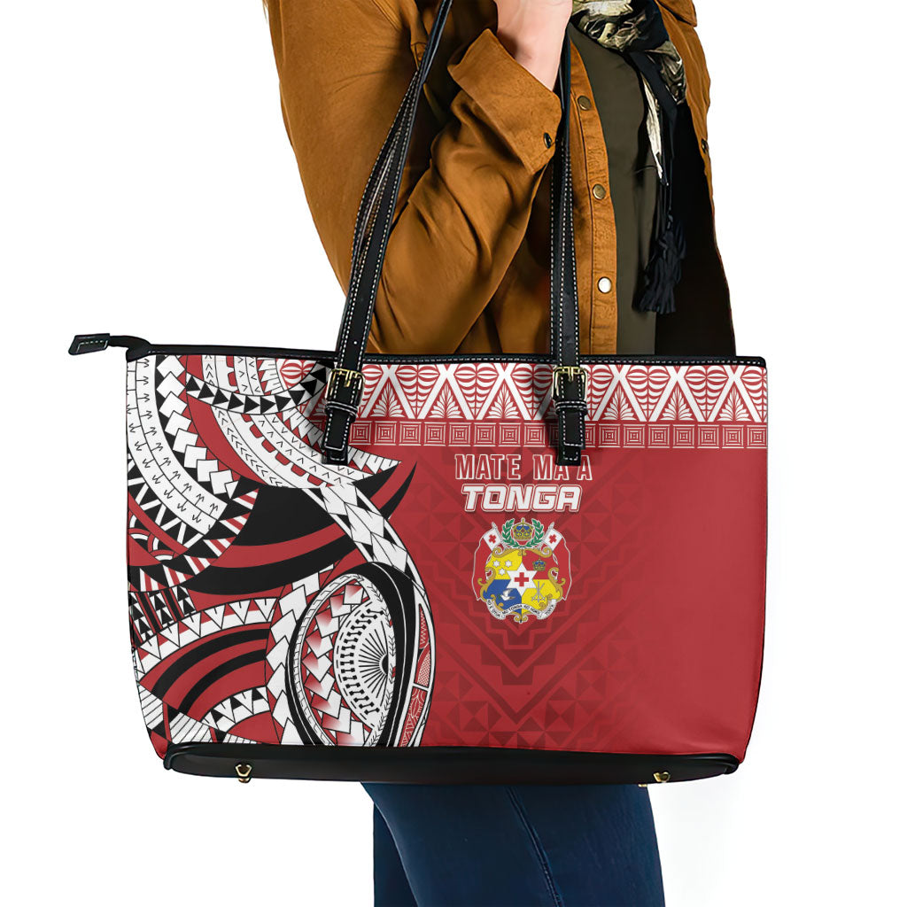 Mate Ma'a Tonga Rugby Kupesi Motifs Leather Tote Bag Red Waves LT7 - Polynesian Pride