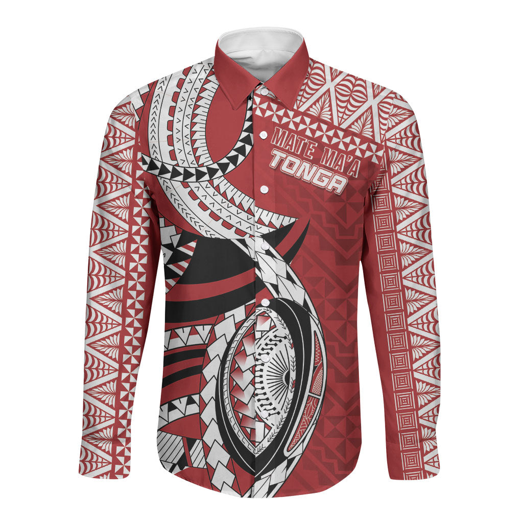 Mate Ma'a Tonga Rugby Custom Kupesi Motifs Long Sleeve Button Shirt Red Waves LT7 Unisex Red - Polynesian Pride