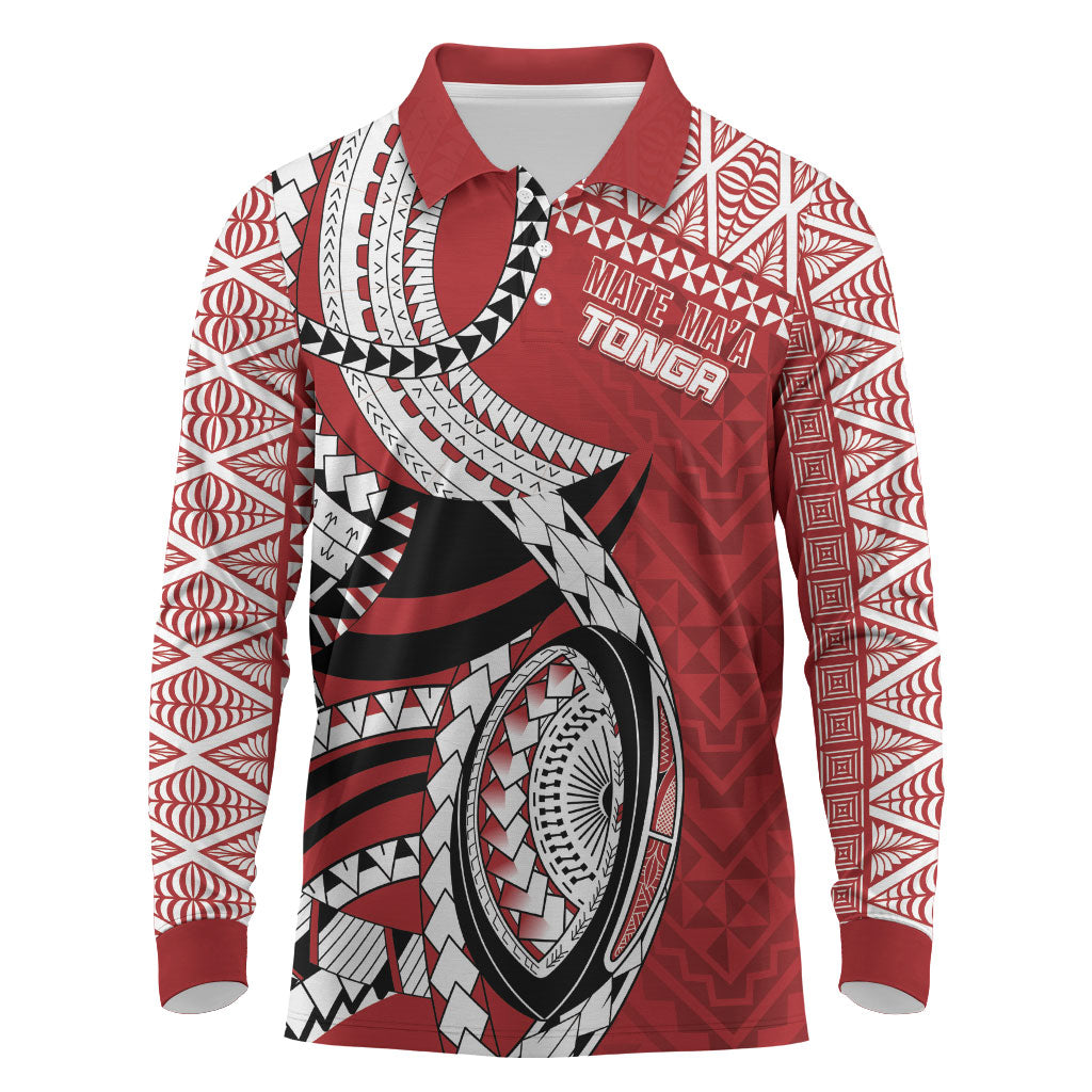 Mate Ma'a Tonga Rugby Custom Kupesi Motifs Long Sleeve Polo Shirt Red Waves LT7 Red - Polynesian Pride