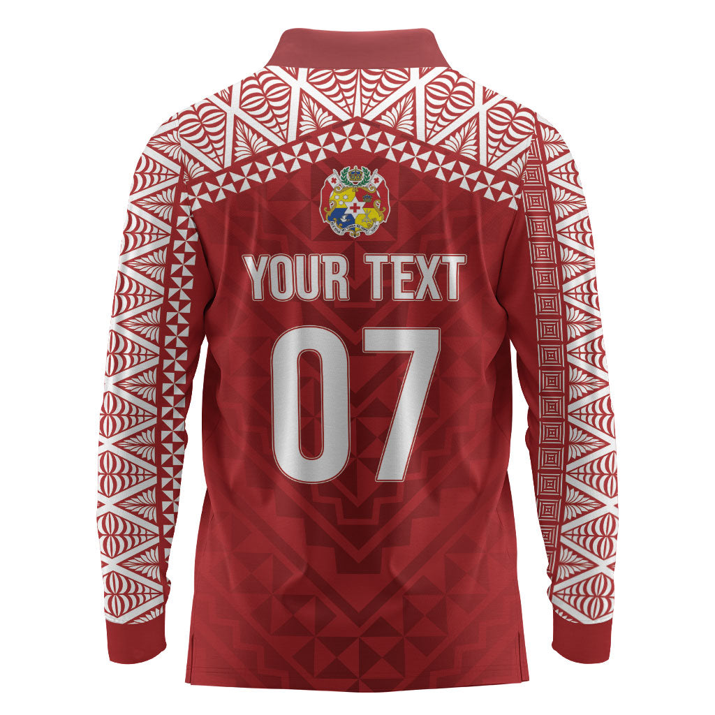 Mate Ma'a Tonga Rugby Custom Kupesi Motifs Long Sleeve Polo Shirt Red Waves LT7 - Polynesian Pride