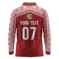 Mate Ma'a Tonga Rugby Custom Kupesi Motifs Long Sleeve Polo Shirt Red Waves LT7 - Polynesian Pride
