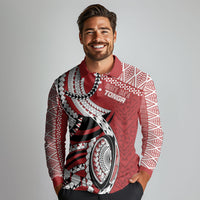 Mate Ma'a Tonga Rugby Custom Kupesi Motifs Long Sleeve Polo Shirt Red Waves LT7 - Polynesian Pride