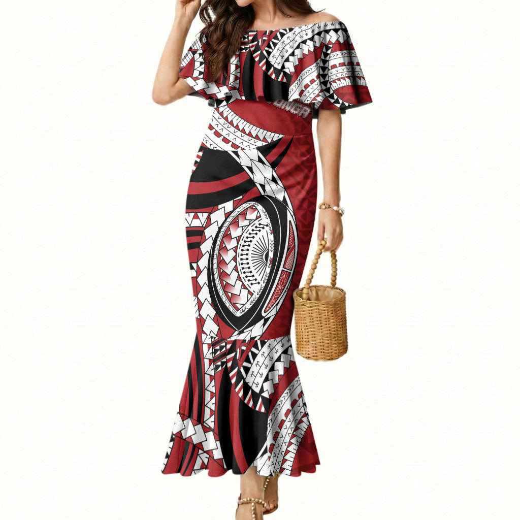 Mate Ma'a Tonga Rugby Custom Kupesi Motifs Mermaid Dress Red Waves LT7 Women Red - Polynesian Pride