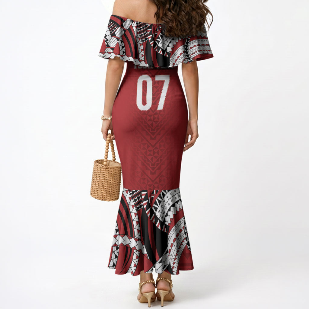 Mate Ma'a Tonga Rugby Custom Kupesi Motifs Mermaid Dress Red Waves LT7 - Polynesian Pride