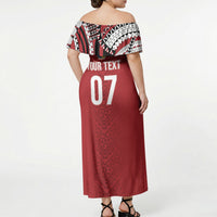 Mate Ma'a Tonga Rugby Custom Kupesi Motifs Off Shoulder Maxi Dress Red Waves LT7 - Polynesian Pride