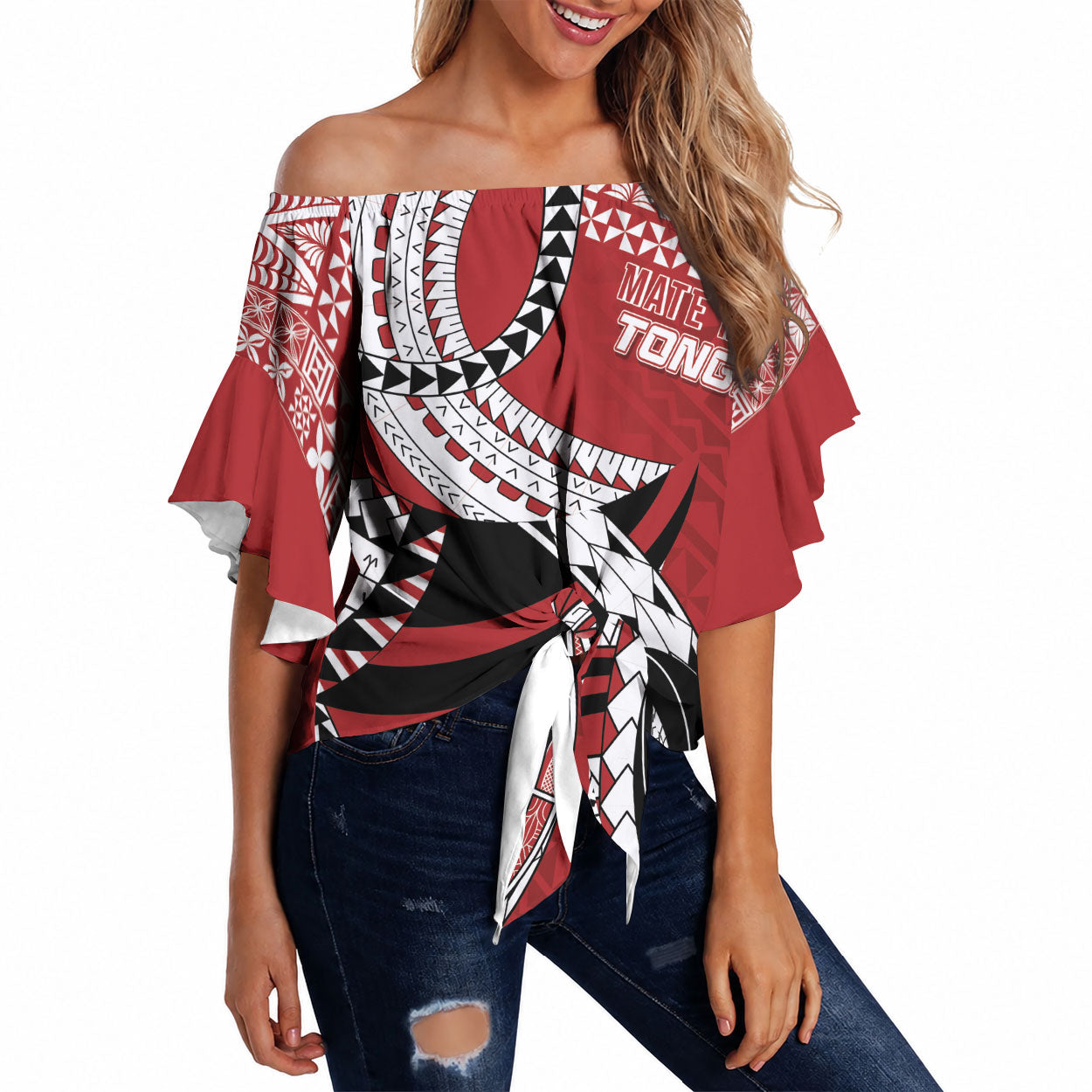 Mate Ma'a Tonga Rugby Custom Kupesi Motifs Off Shoulder Wrap Waist Top Red Waves LT7 Red - Polynesian Pride