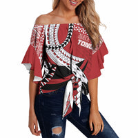 Mate Ma'a Tonga Rugby Custom Kupesi Motifs Off Shoulder Wrap Waist Top Red Waves LT7 Red - Polynesian Pride