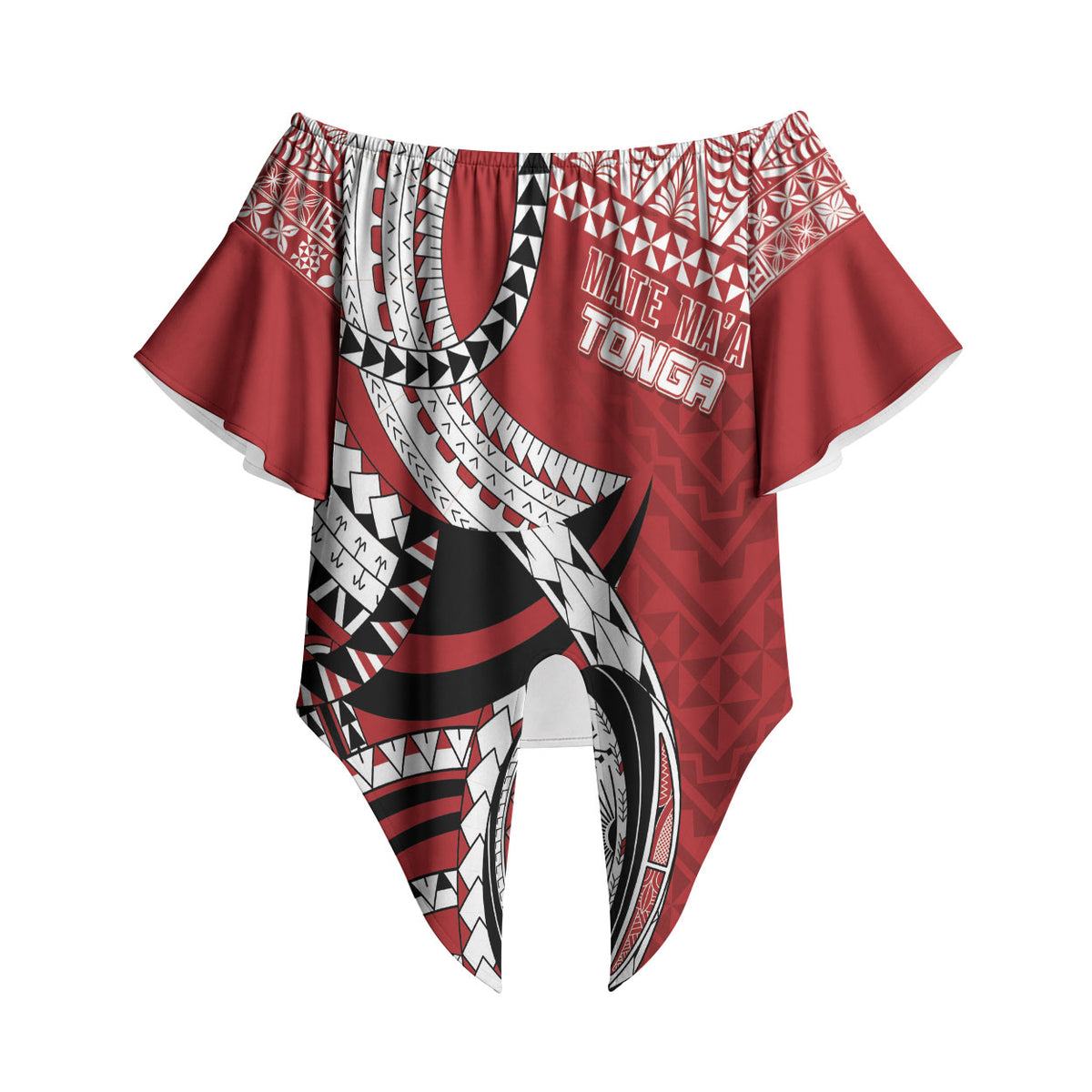 Mate Ma'a Tonga Rugby Custom Kupesi Motifs Off Shoulder Wrap Waist Top Red Waves LT7 - Polynesian Pride