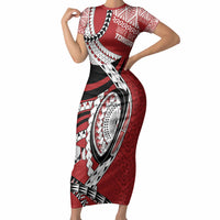 Mate Ma'a Tonga Rugby Custom Kupesi Motifs Short Sleeve Bodycon Dress Red Waves LT7 Long Dress Red - Polynesian Pride
