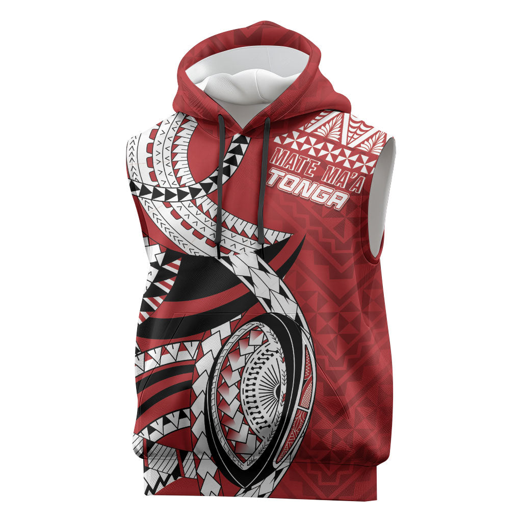 Mate Ma'a Tonga Rugby Custom Kupesi Motifs Sleeveless Hoodie Red Waves LT7 Red - Polynesian Pride