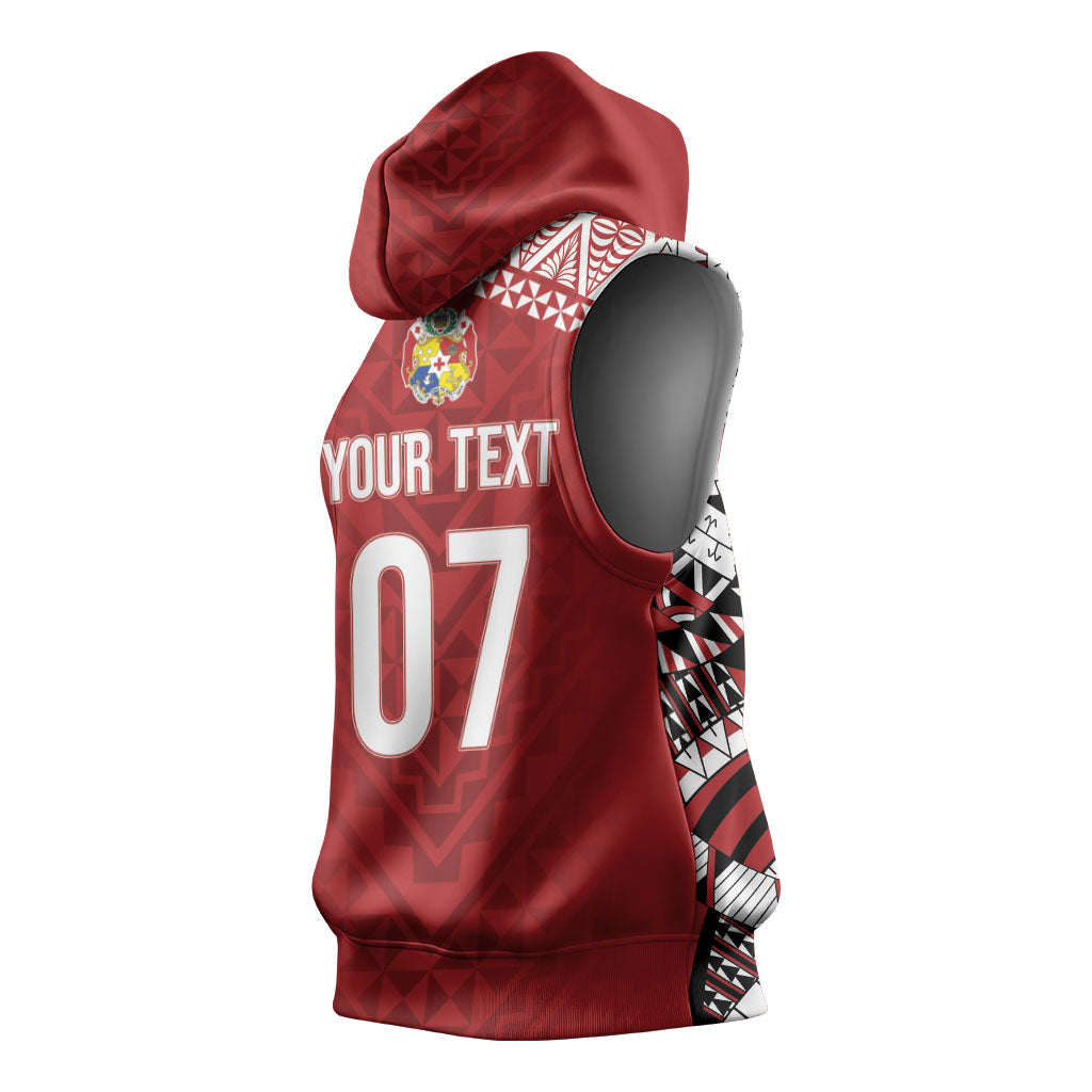 Mate Ma'a Tonga Rugby Custom Kupesi Motifs Sleeveless Hoodie Red Waves LT7 - Polynesian Pride