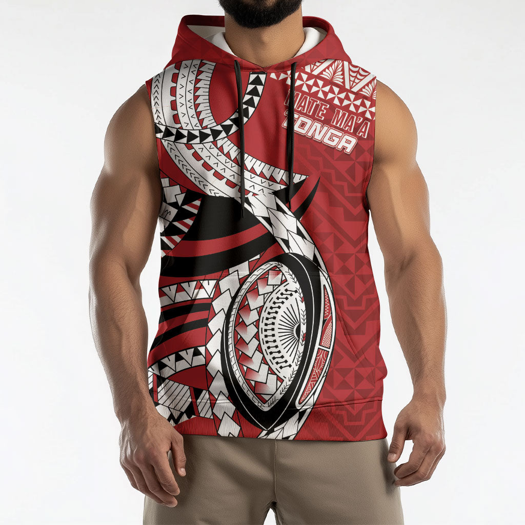 Mate Ma'a Tonga Rugby Custom Kupesi Motifs Sleeveless Hoodie Red Waves LT7 - Polynesian Pride