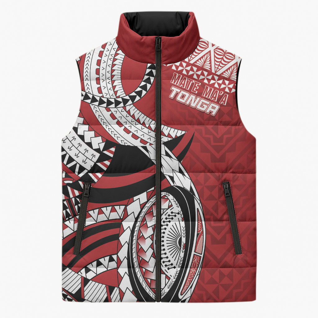 Mate Ma'a Tonga Rugby Custom Kupesi Motifs Sleeveless Puffer Jacket Red Waves LT7 Unisex Red - Polynesian Pride