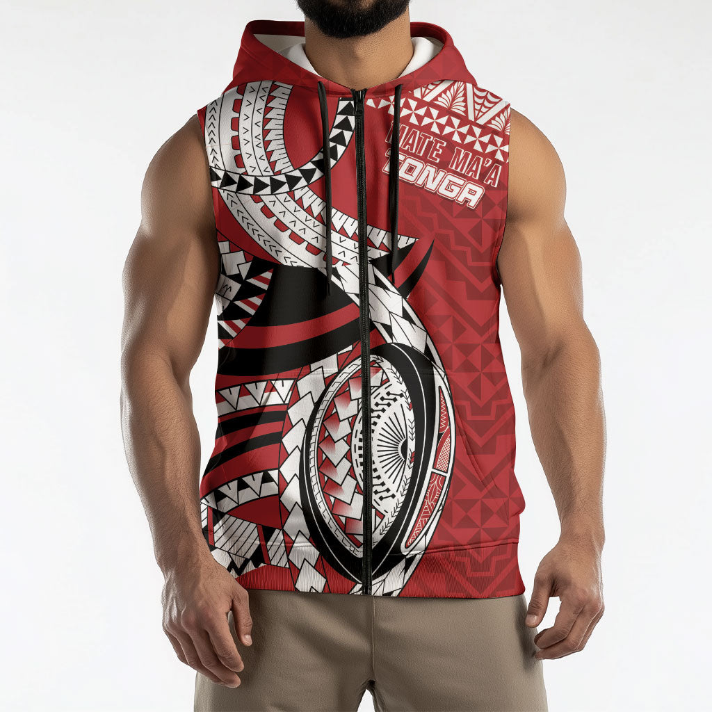 Mate Ma'a Tonga Rugby Custom Kupesi Motifs Sleeveless Zip Hoodie Red Waves LT7 - Polynesian Pride