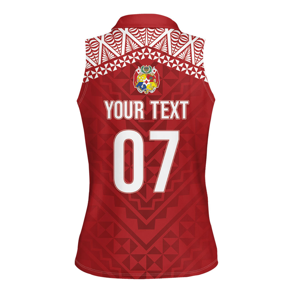 Mate Ma'a Tonga Rugby Custom Kupesi Motifs Women Sleeveless Polo Shirt Red Waves LT7 - Polynesian Pride
