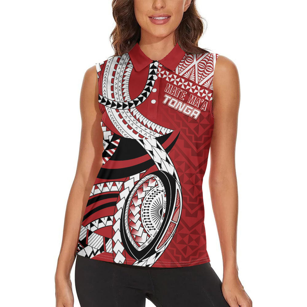 Mate Ma'a Tonga Rugby Custom Kupesi Motifs Women Sleeveless Polo Shirt Red Waves LT7 - Polynesian Pride