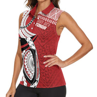 Mate Ma'a Tonga Rugby Custom Kupesi Motifs Women Sleeveless Polo Shirt Red Waves LT7 - Polynesian Pride
