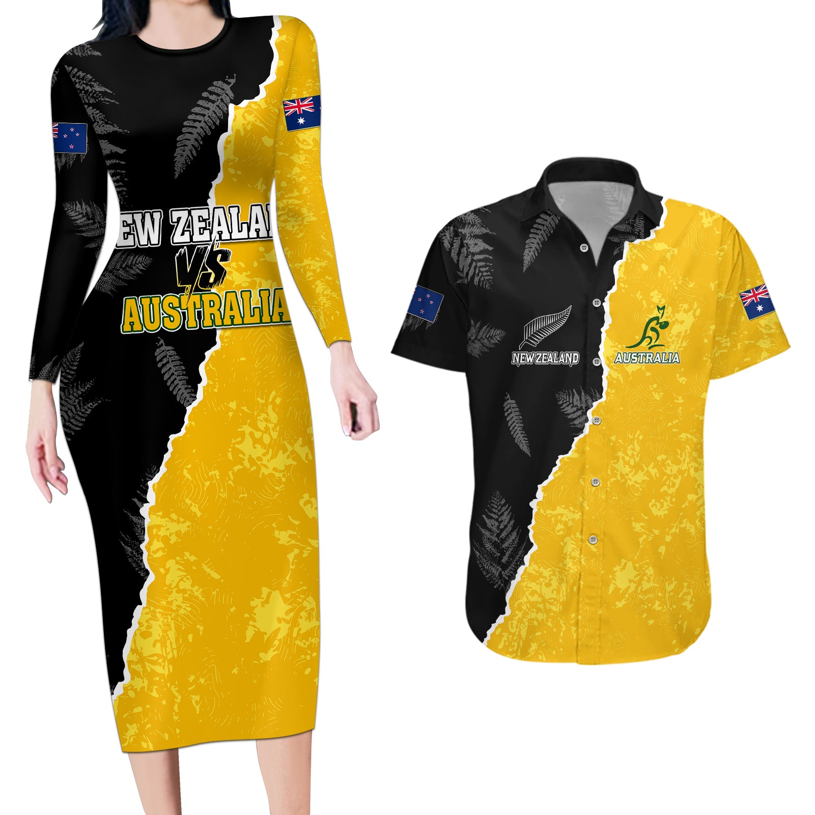 Australia Rugby Mix New Zealands Rugby Couples Matching Long Sleeve Bodycon Dress and Hawaiian Shirt Wallabies Versus Silver Fern Sporty Basic LT7 Art - Polynesian Pride