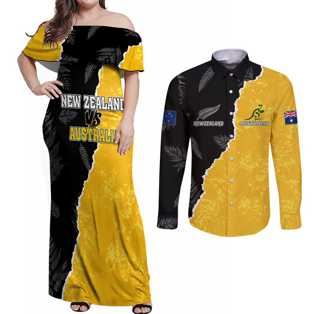 Australia Rugby Mix New Zealands Rugby Couples Matching Off Shoulder Maxi Dress and Long Sleeve Button Shirts Wallabies Versus Silver Fern Sporty Basic LT7 Art - Polynesian Pride