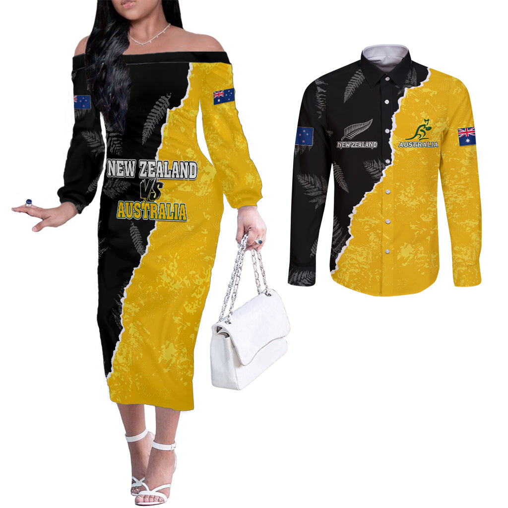 Australia Rugby Mix New Zealands Rugby Couples Matching Off The Shoulder Long Sleeve Dress and Long Sleeve Button Shirts Wallabies Versus Silver Fern Sporty Basic LT7 Art - Polynesian Pride