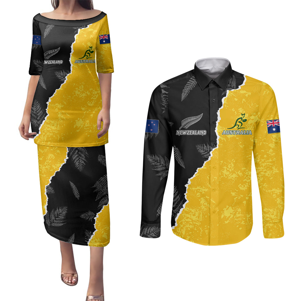 Australia Rugby Mix New Zealands Rugby Couples Matching Puletasi Dress and Long Sleeve Button Shirts Wallabies Versus Silver Fern Sporty Basic LT7 Art - Polynesian Pride