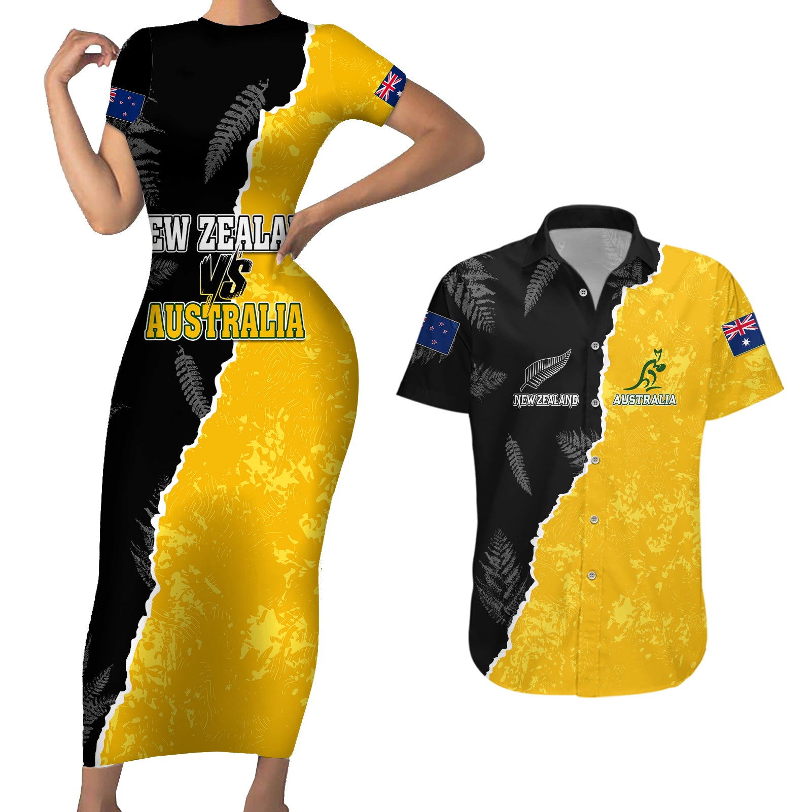 Australia Rugby Mix New Zealands Rugby Couples Matching Short Sleeve Bodycon Dress and Hawaiian Shirt Wallabies Versus Silver Fern Sporty Basic LT7 Art - Polynesian Pride