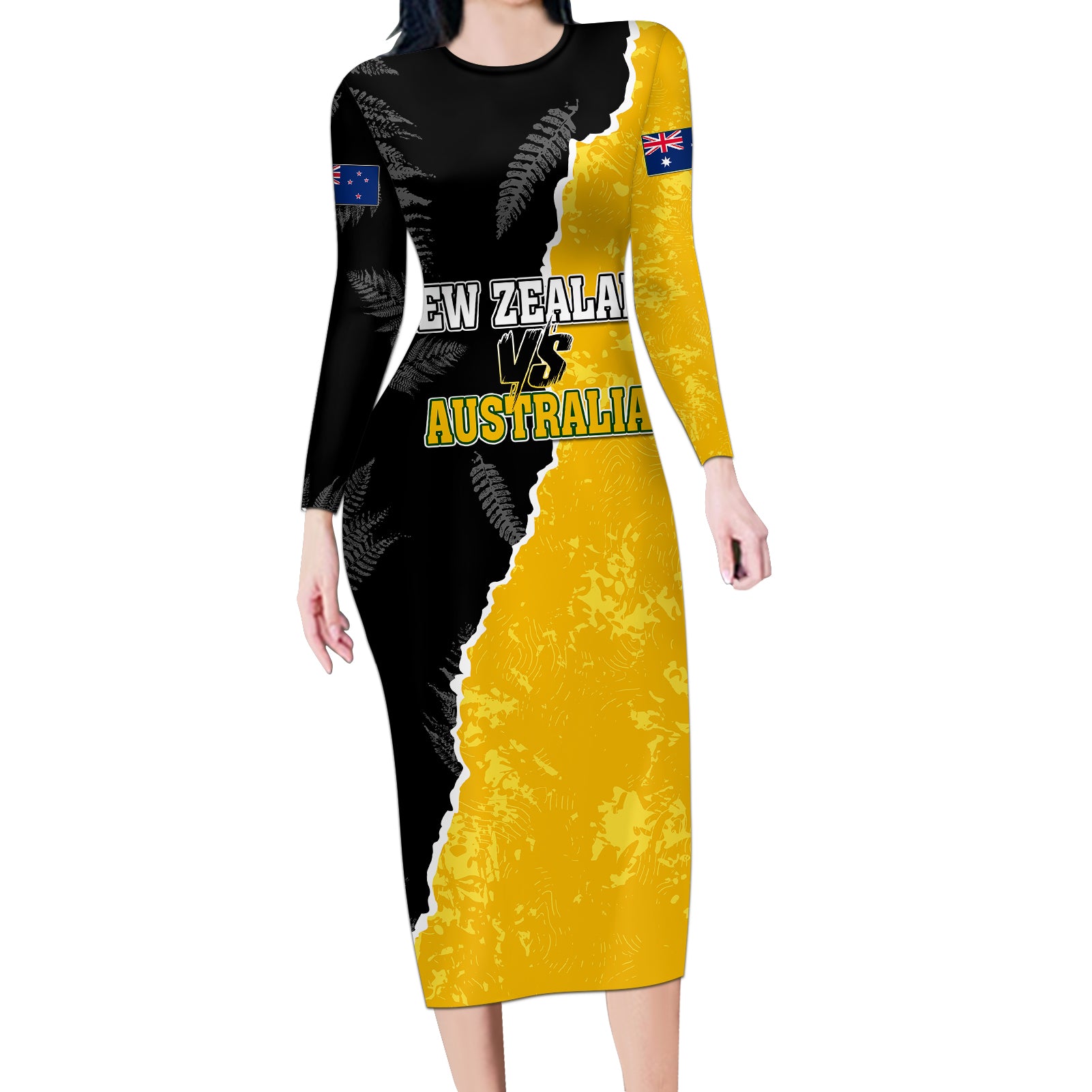 Australia Rugby Mix New Zealands Rugby Long Sleeve Bodycon Dress Wallabies Versus Silver Fern Sporty Basic LT7 Long Dress Art - Polynesian Pride