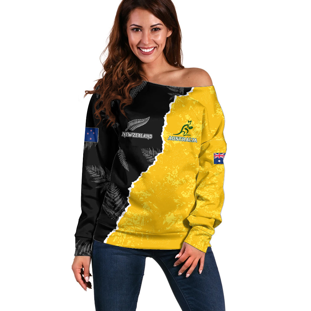 Australia Rugby Mix New Zealands Rugby Off Shoulder Sweater Wallabies Versus Silver Fern Sporty Basic LT7 Women Art - Polynesian Pride