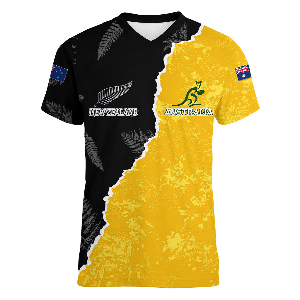 Australia Rugby Mix New Zealands Rugby Women V Neck T Shirt Wallabies Versus Silver Fern Sporty Basic LT7 Female Art - Polynesian Pride