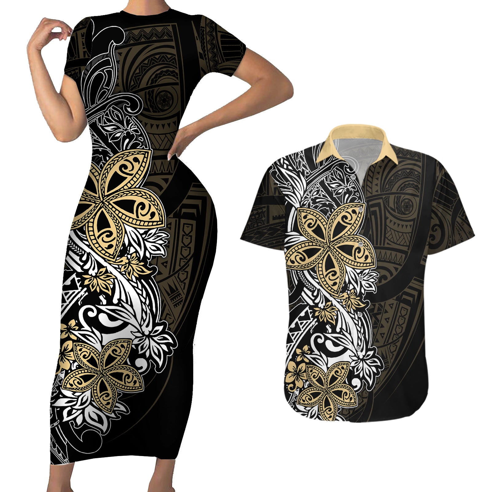 Polynesian Pride Couples Matching Short Sleeve Bodycon Dress and Hawaiian Shirt Tiare With Plumeria Mix Style LT7 Cream - Polynesian Pride