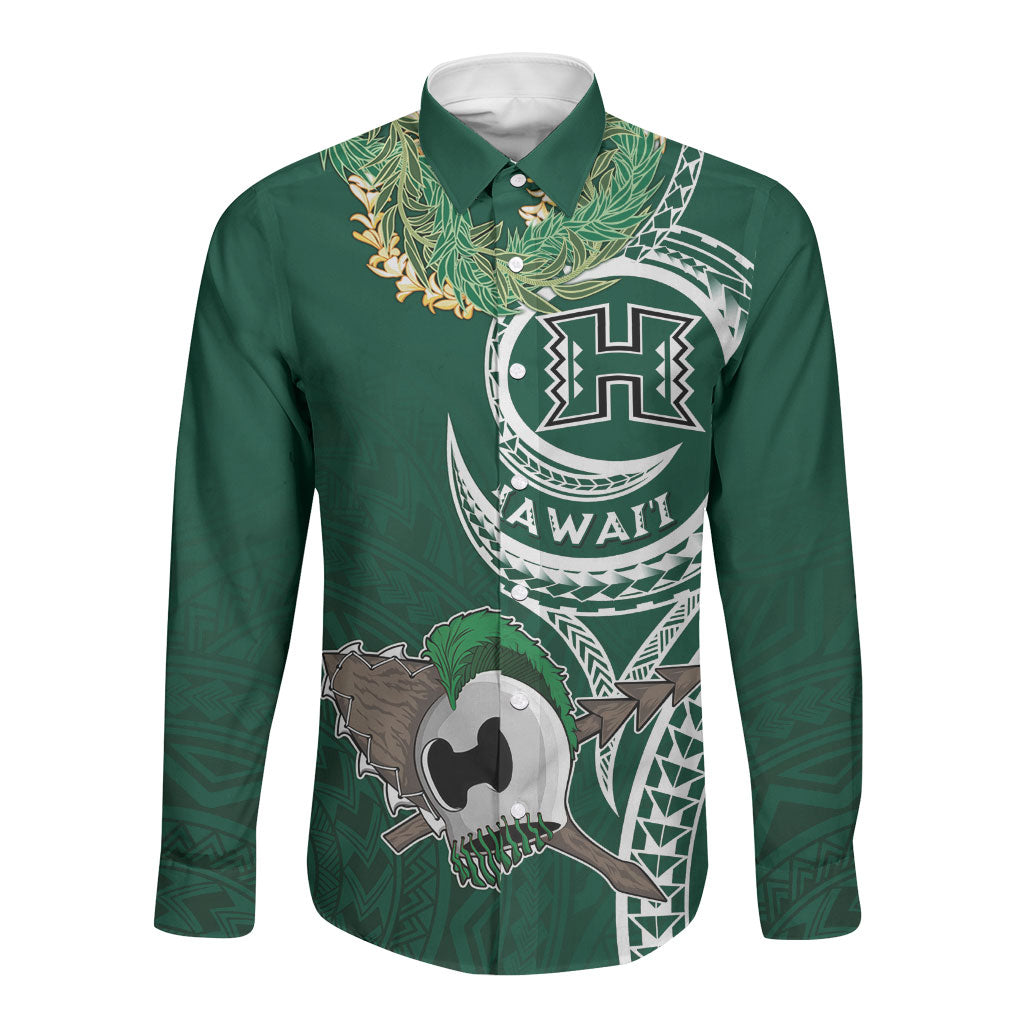 Hawaii Rainbow Warriors Alumni Personalized Long Sleeve Button Shirt Ti Maile Lei - Glory For The Warriors LT7 Unisex Dark Green - Polynesian Pride