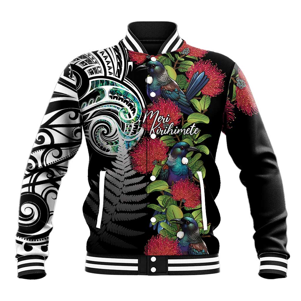 Meri Kirihimete New Zealand Baseball Jacket Tui on Pohutukawa LT7 Unisex Black - Polynesian Pride