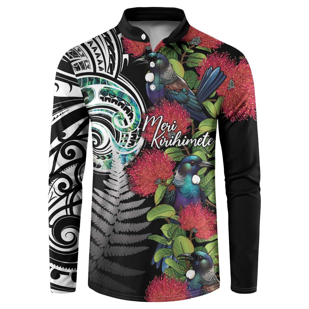 Meri Kirihimete New Zealand Button Sweatshirt Tui on Pohutukawa LT7 Black - Polynesian Pride