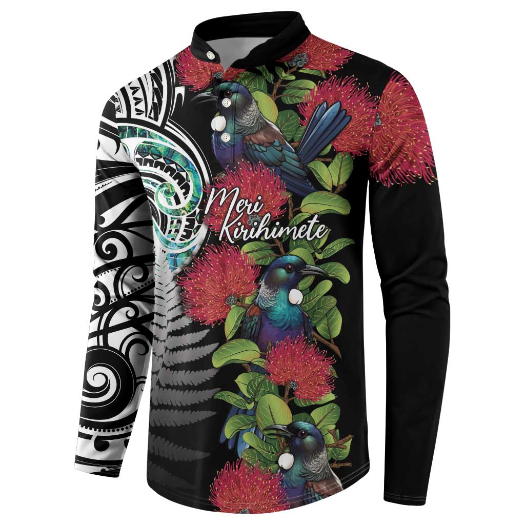 Meri Kirihimete New Zealand Button Sweatshirt Tui on Pohutukawa LT7 - Polynesian Pride