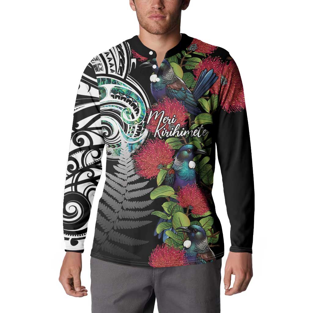 Meri Kirihimete New Zealand Button Sweatshirt Tui on Pohutukawa LT7 - Polynesian Pride