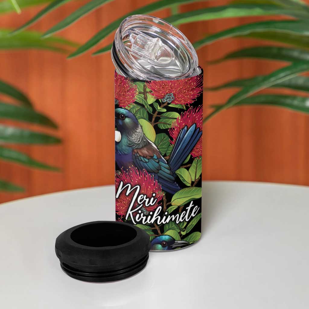 Meri Kirihimete New Zealand 4 in 1 Can Cooler Tumbler Tui on Pohutukawa