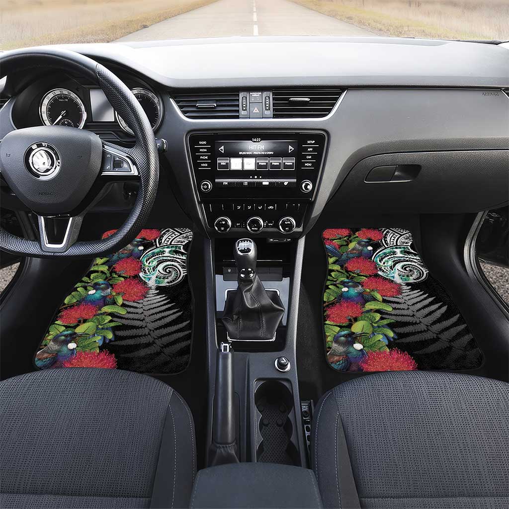 Meri Kirihimete New Zealand Car Mats Tui on Pohutukawa LT7 Set 2pcs - Front Black - Polynesian Pride