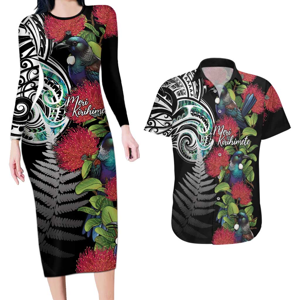 Meri Kirihimete New Zealand Couples Matching Long Sleeve Bodycon Dress and Hawaiian Shirt Tui on Pohutukawa